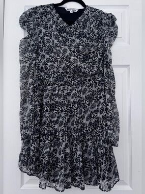 Walter Baker Black & White Floral Tiered V-Neck Midi Dress